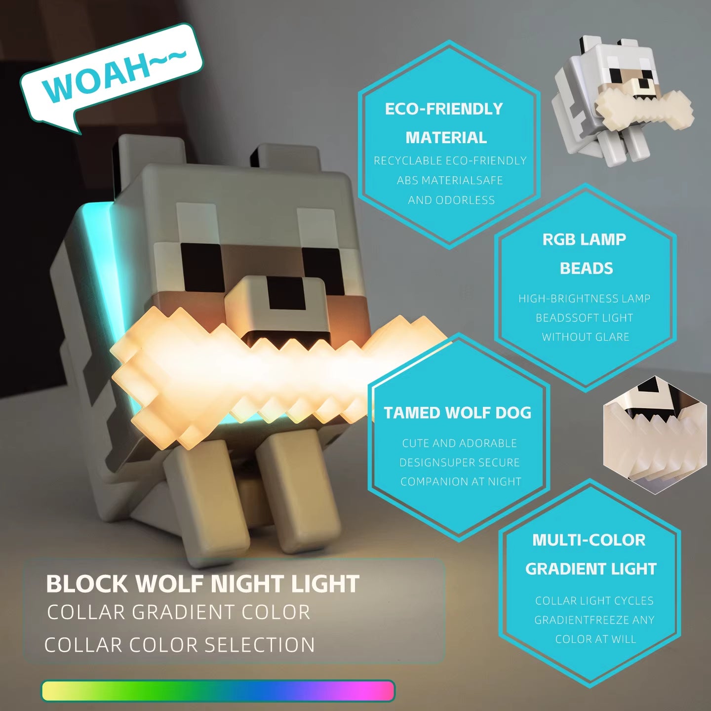 MC Game Cute Wolf Dog Night Light RGB Officially Licensed Decor and Desk Lamp for Gaming Room or Kids and Bedroom